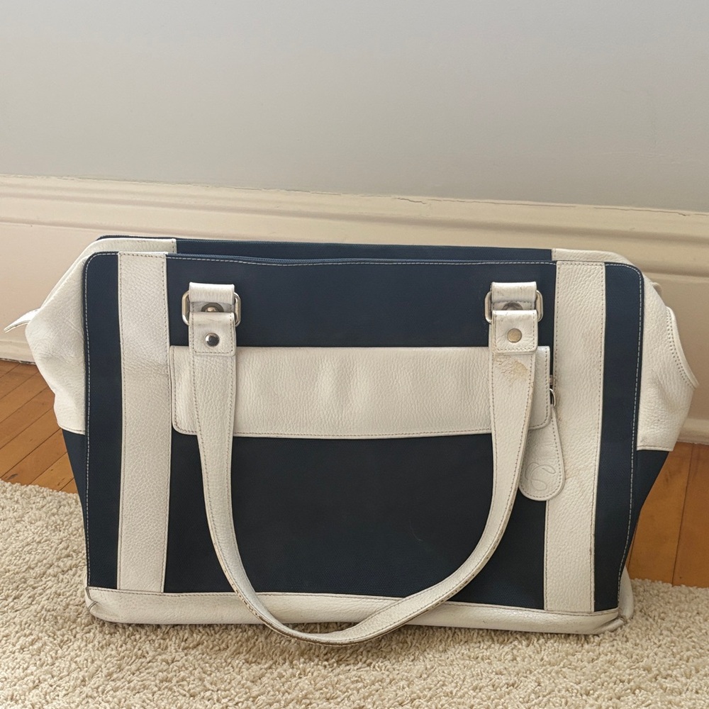 Vintage Cortiglia Women's Navy and White Leather Marina Tennis Bag